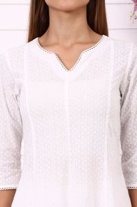 White Schiffli Embroidered Anarkali Kurta with Lace and in round neck with V cut