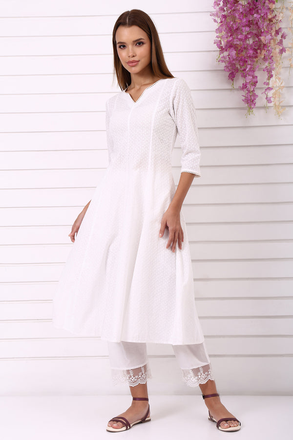 White Schiffli Embroidered Anarkali Kurta with Lace and in round neck with V cut