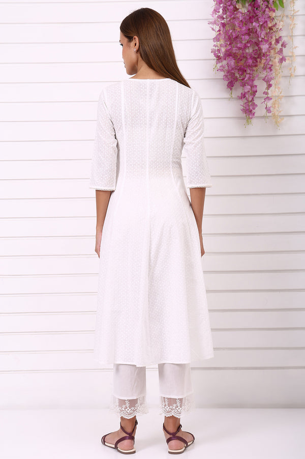 White Schiffli Embroidered Anarkali Kurta with Lace and in round neck with V cut