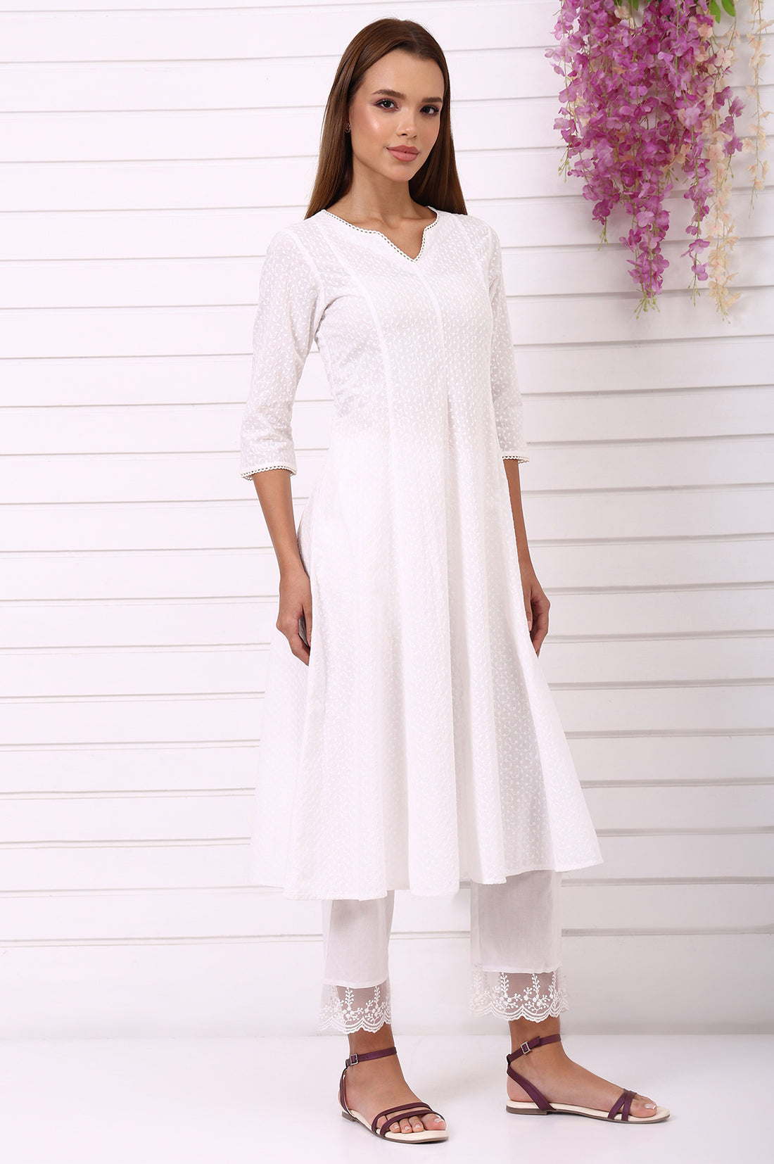 White Schiffli Embroidered Anarkali Kurta with Lace and in round neck with V cut