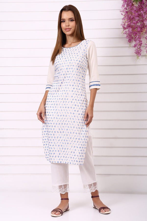 White Schiffli Embroidered Straight Kurta with Lace and in round neck