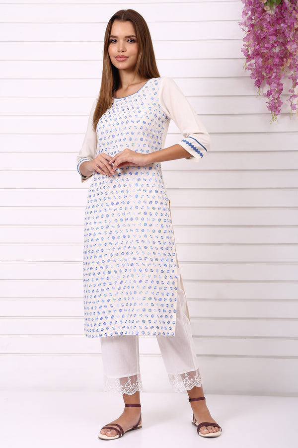 White Schiffli Embroidered Straight Kurta with Lace and in round neck
