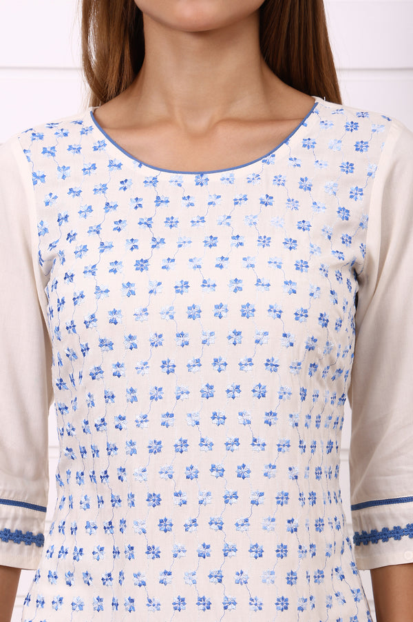 White Schiffli Embroidered Straight Kurta with Lace and in round neck