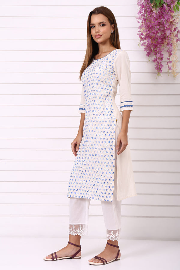 White Schiffli Embroidered Straight Kurta with Lace and in round neck