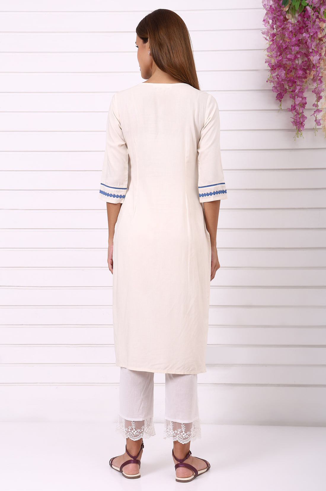 White Schiffli Embroidered Straight Kurta with Lace and in round neck
