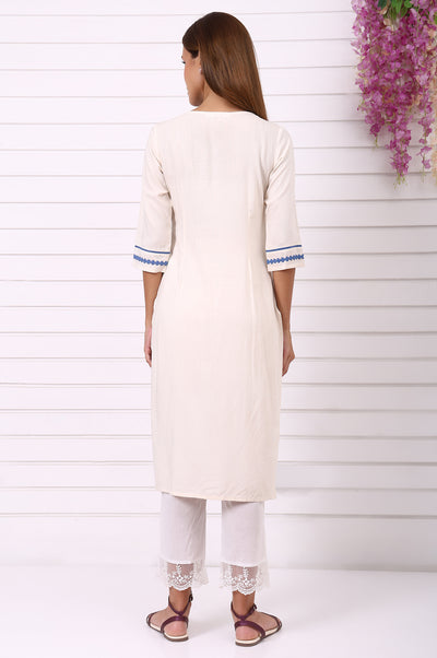 White Schiffli Embroidered Straight Kurta with Lace and in round neck