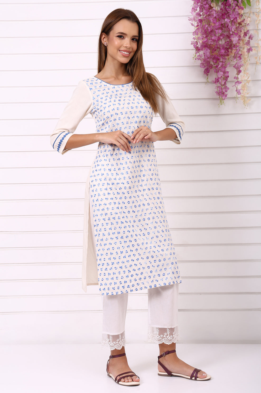 White Schiffli Embroidered Straight Kurta with Lace and in round neck