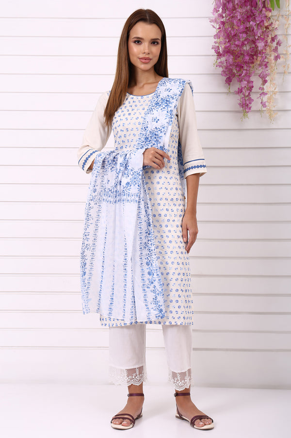 White Schiffli Embroidered Straight Kurta with Lace and in round neck