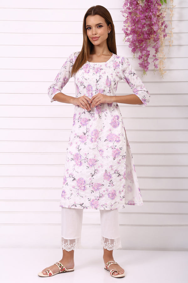 White Schiffli Embroidered Straight Kurta with Pintuck on Yoke in Round neck