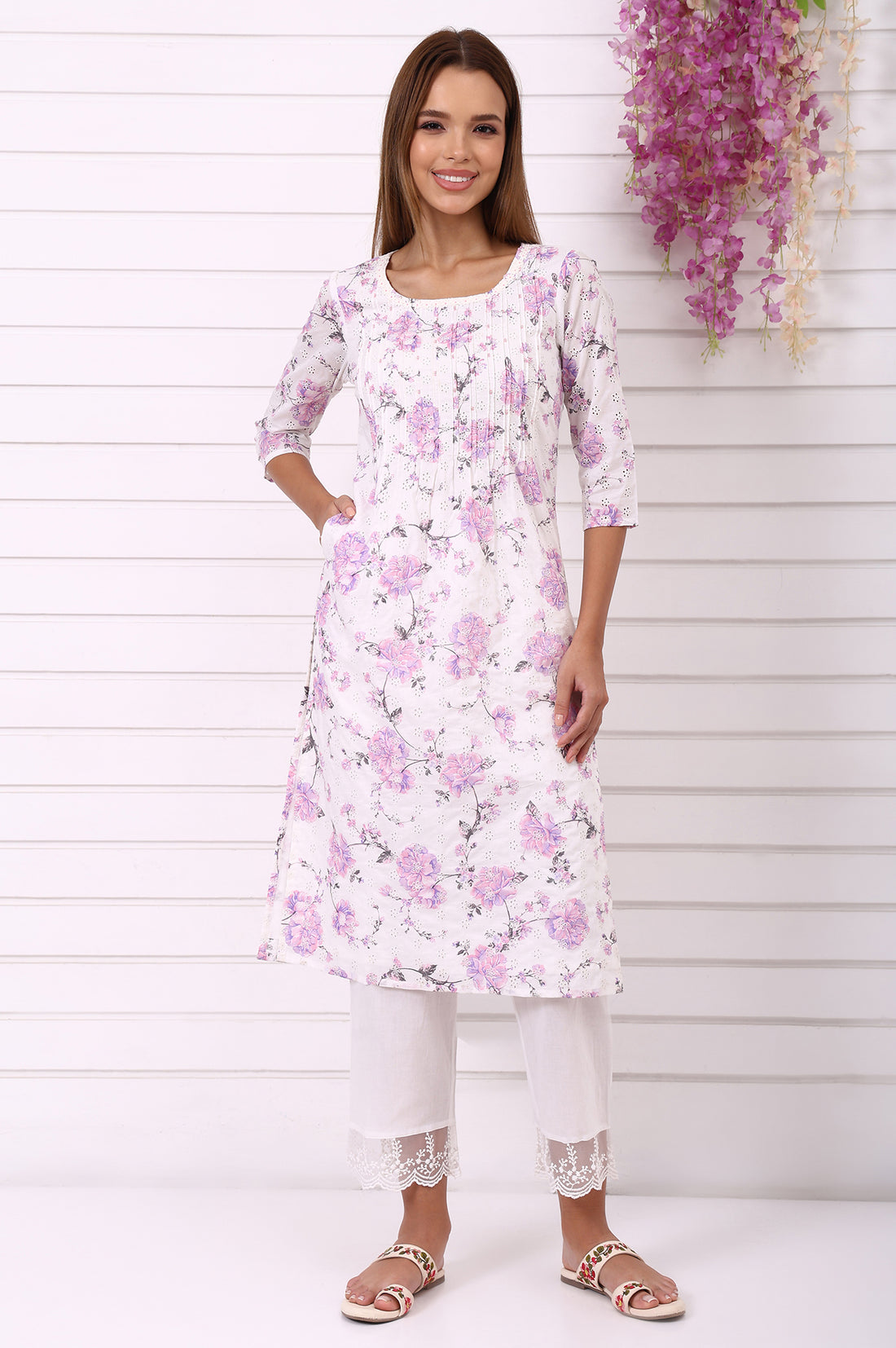 White Schiffli Embroidered Straight Kurta with Pintuck on Yoke in Round neck