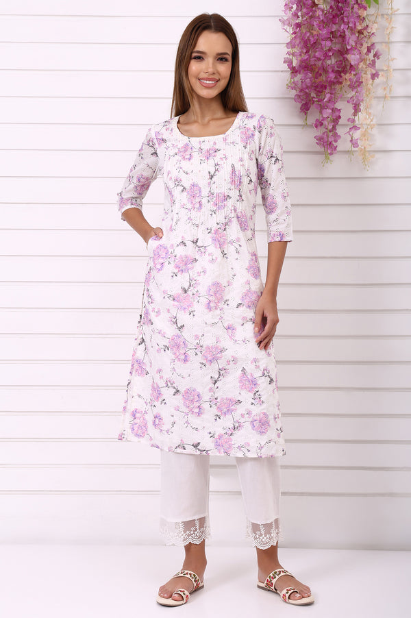 White Schiffli Embroidered Straight Kurta with Pintuck on Yoke in Round neck