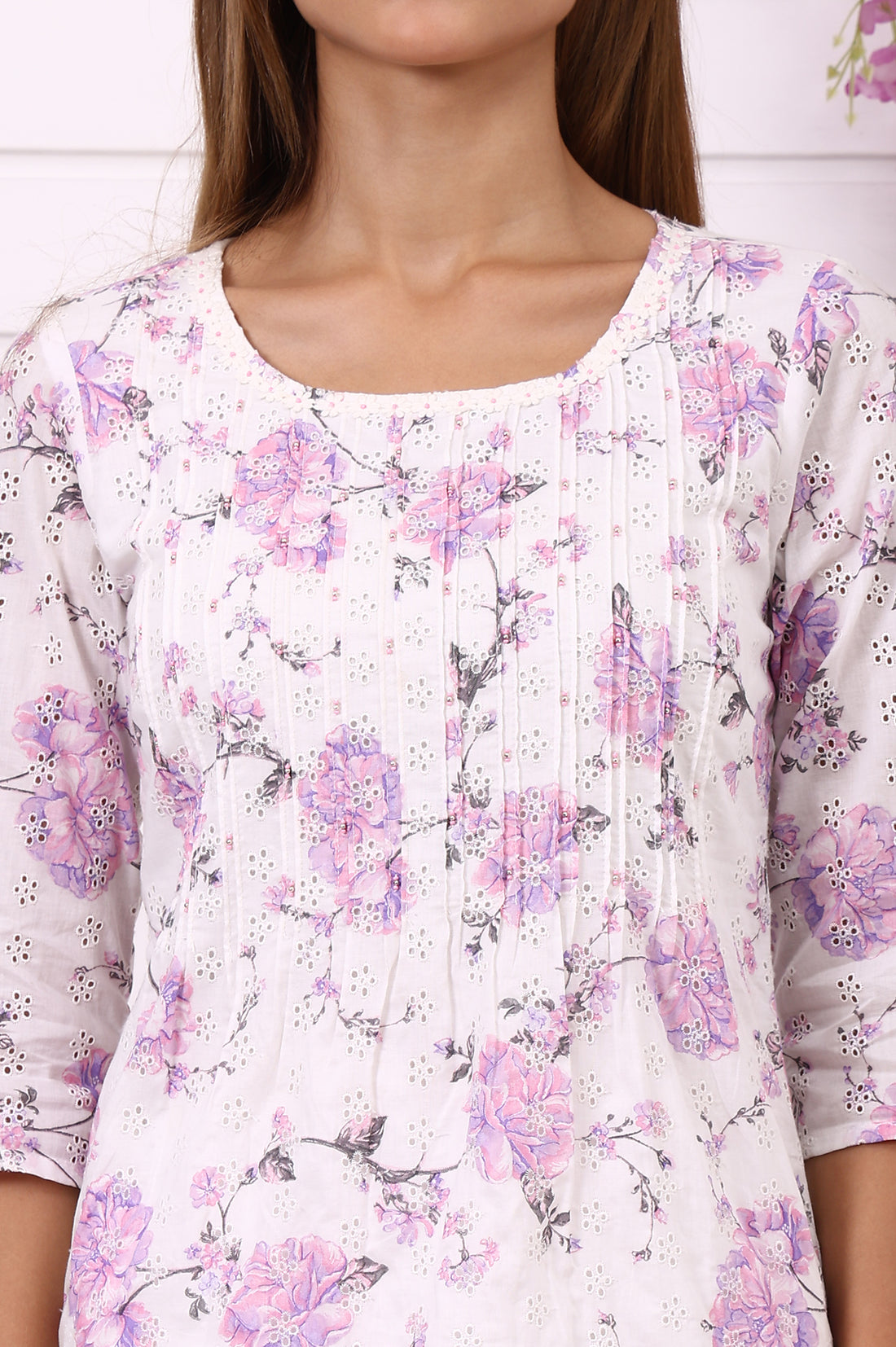 White Schiffli Embroidered Straight Kurta with Pintuck on Yoke in Round neck