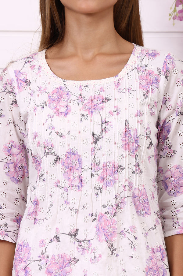 White Schiffli Embroidered Straight Kurta with Pintuck on Yoke in Round neck