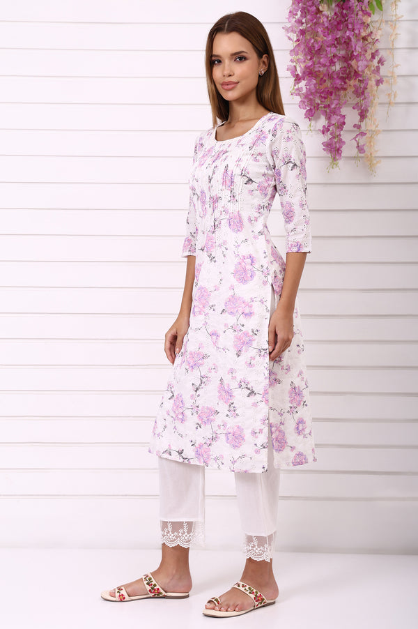 White Schiffli Embroidered Straight Kurta with Pintuck on Yoke in Round neck