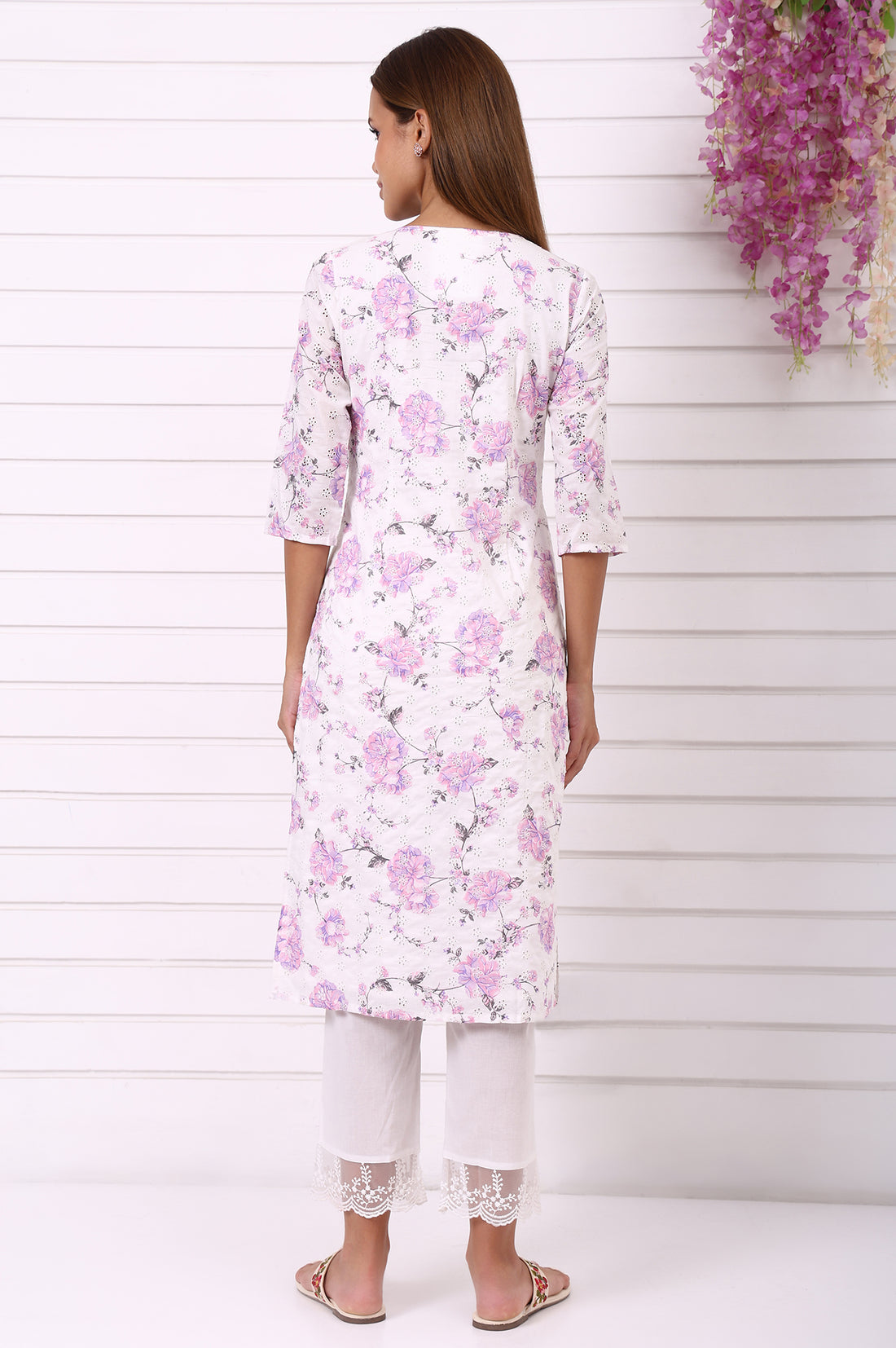 White Schiffli Embroidered Straight Kurta with Pintuck on Yoke in Round neck
