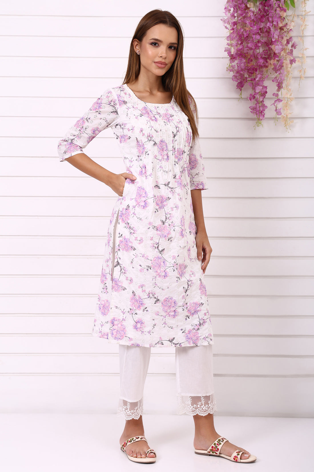 White Schiffli Embroidered Straight Kurta with Pintuck on Yoke in Round neck
