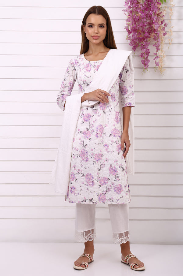 White Schiffli Embroidered Straight Kurta with Pintuck on Yoke in Round neck