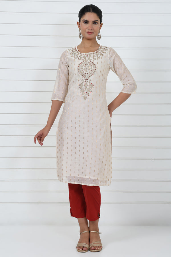 White Self Design Printed Zari Straight Kurta