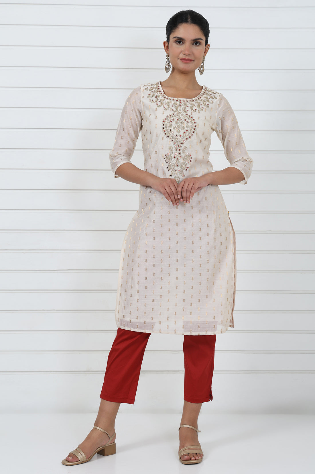 White Self Design Printed Zari Straight Kurta