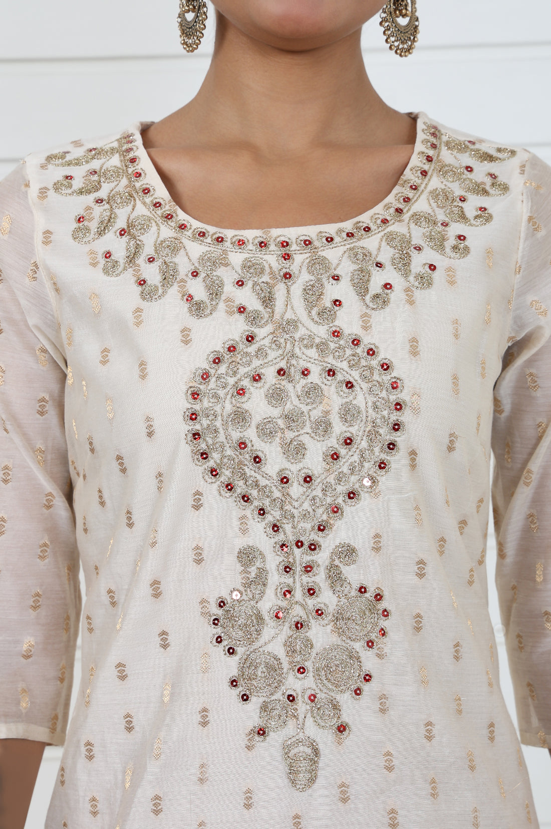 White Self Design Printed Zari Straight Kurta