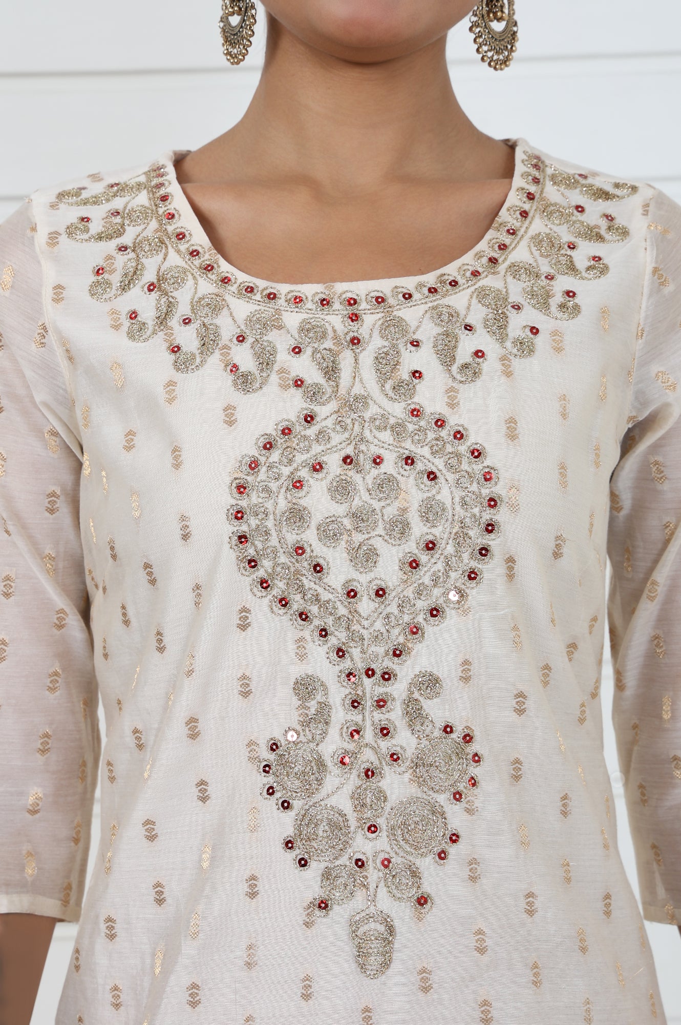 White Self Design Printed Zari Straight Kurta