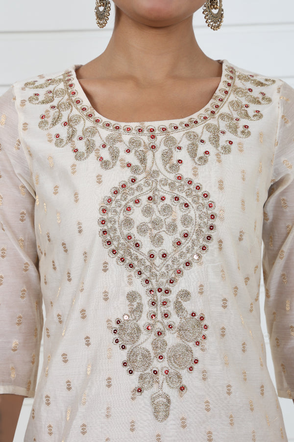 White Self Design Printed Zari Straight Kurta