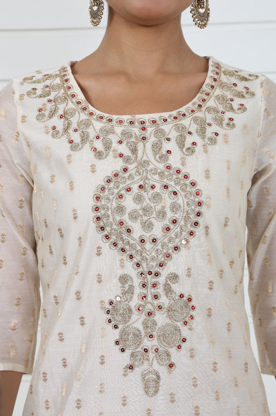 White Self Design Printed Zari Straight Kurta