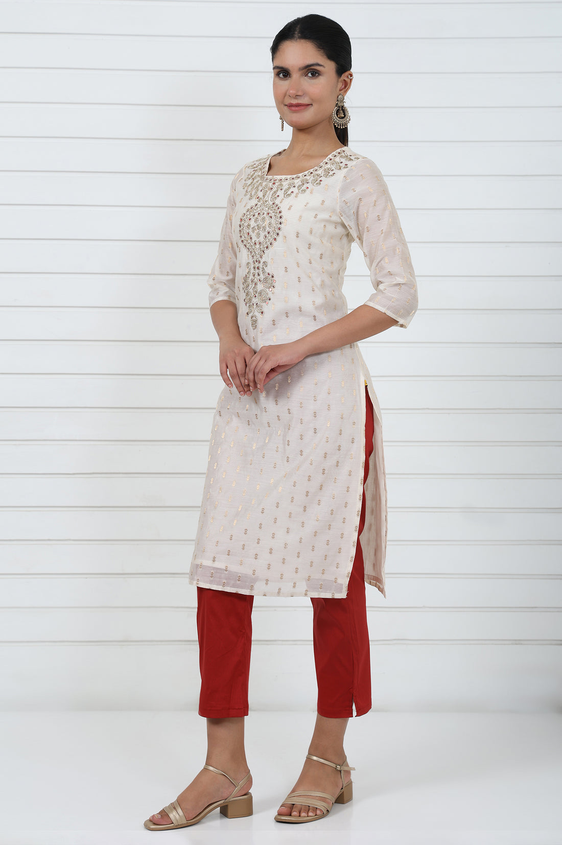White Self Design Printed Zari Straight Kurta