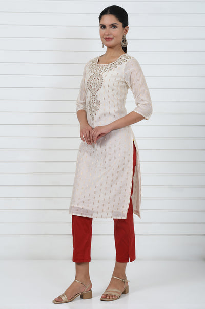 White Self Design Printed Zari Straight Kurta