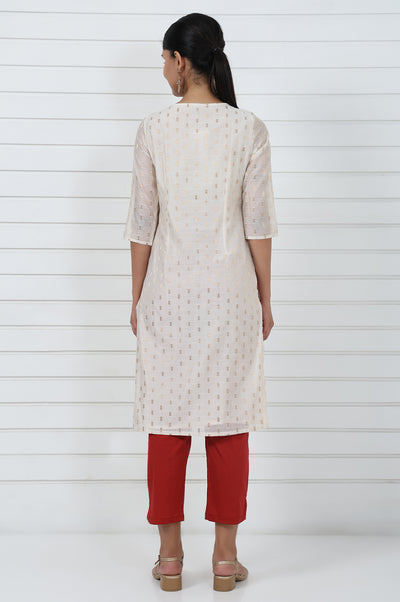 White Self Design Printed Zari Straight Kurta