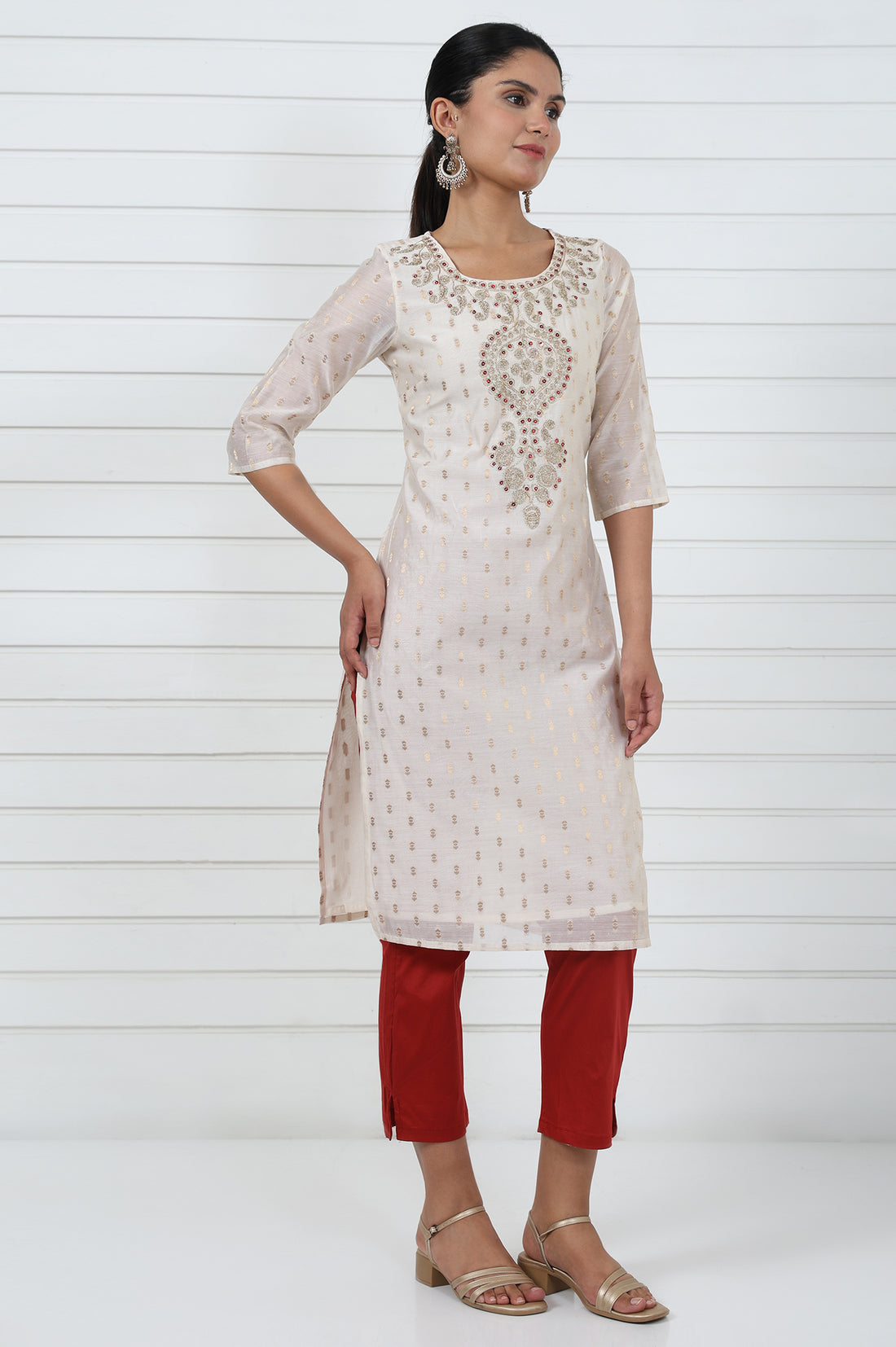 White Self Design Printed Zari Straight Kurta