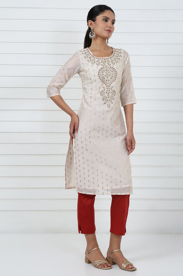 White Self Design Printed Zari Straight Kurta