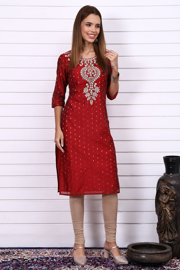 Red Dori Embroidered Chanderi Jacquard Straight Festive Kurta