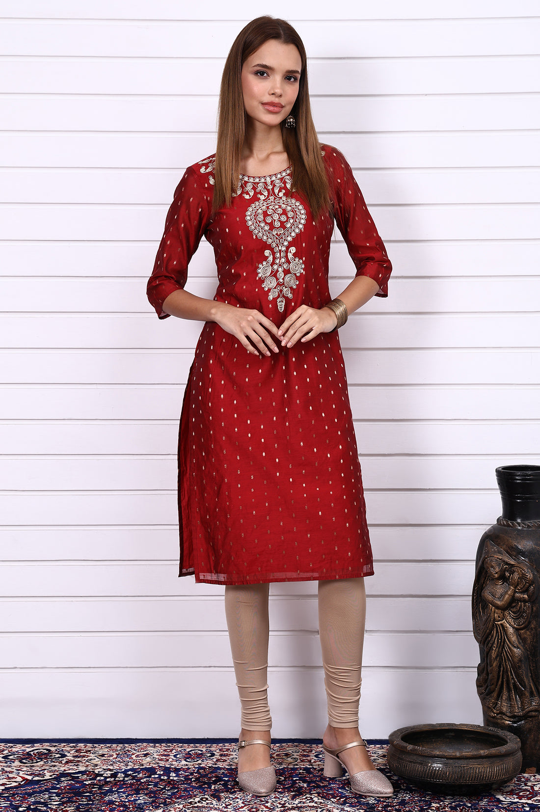 Red Dori Embroidered Chanderi Jacquard Straight Festive Kurta