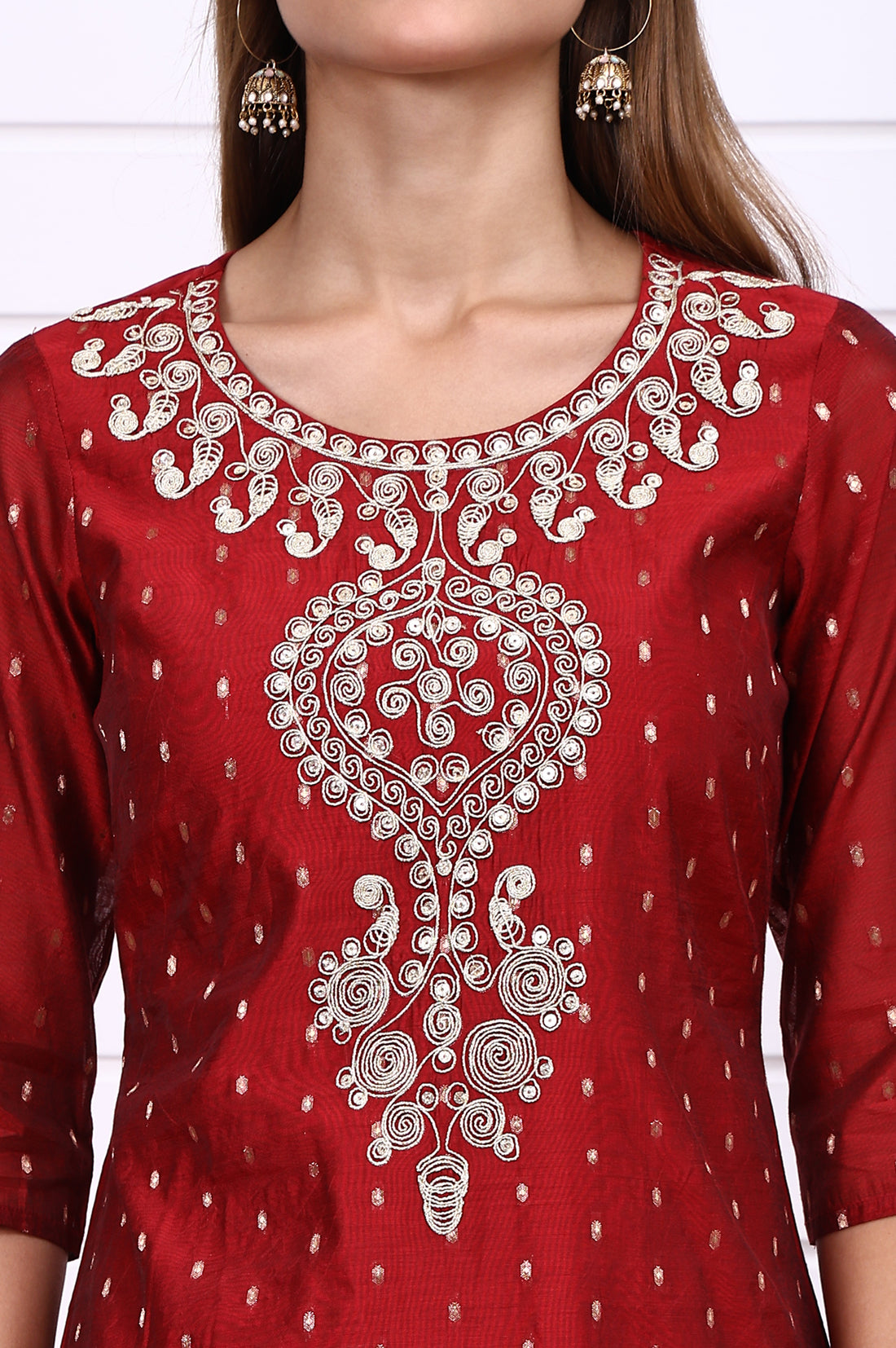 Red Dori Embroidered Chanderi Jacquard Straight Festive Kurta