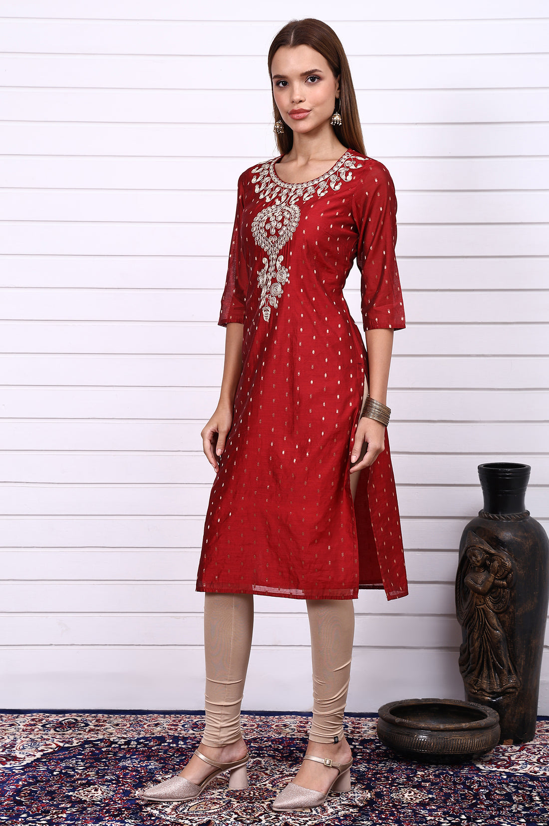 Red Dori Embroidered Chanderi Jacquard Straight Festive Kurta