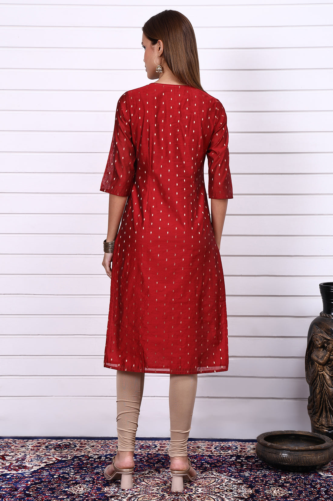 Red Dori Embroidered Chanderi Jacquard Straight Festive Kurta