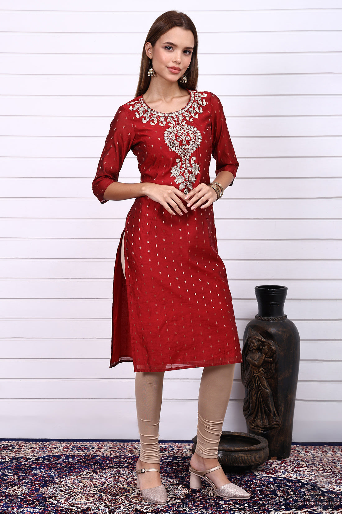 Red Dori Embroidered Chanderi Jacquard Straight Festive Kurta