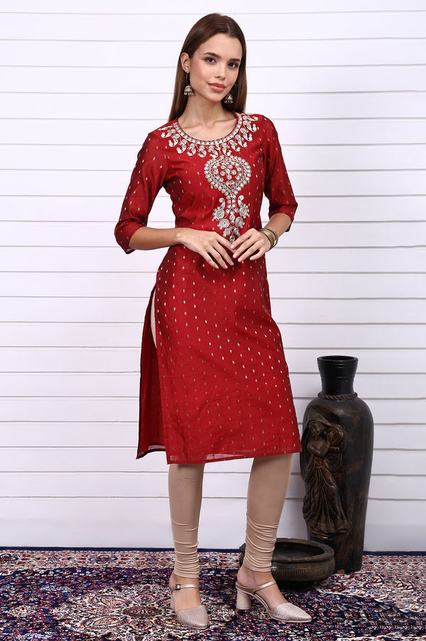 Red Dori Embroidered Chanderi Jacquard Straight Festive Kurta