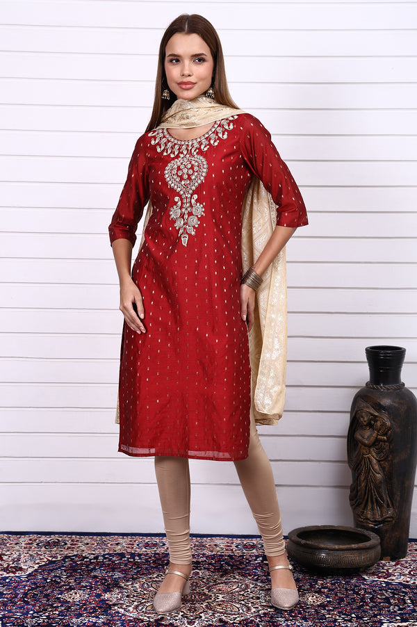 Red Dori Embroidered Chanderi Jacquard Straight Festive Kurta