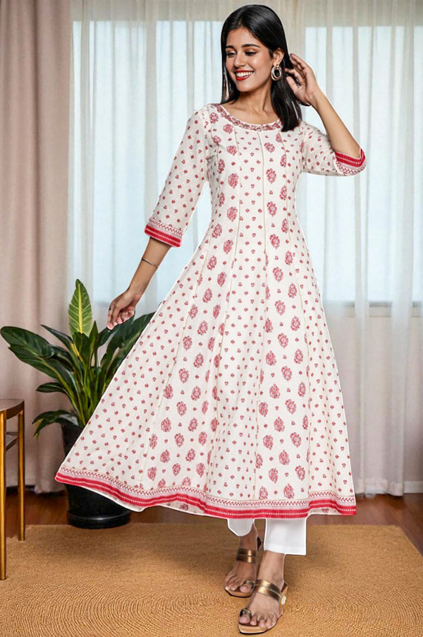 White Abstract Printed Lace Cotton Lurex Anarkali Kurta