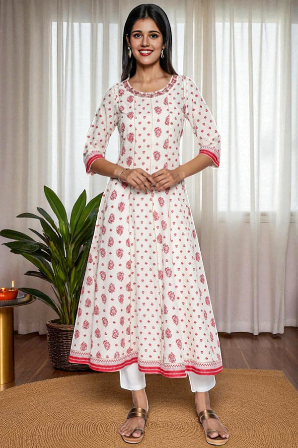 White Abstract Printed Lace Cotton Lurex Anarkali Kurta