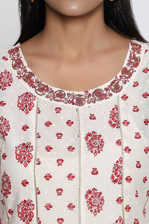 White Abstract Printed Lace Cotton Lurex Anarkali Kurta