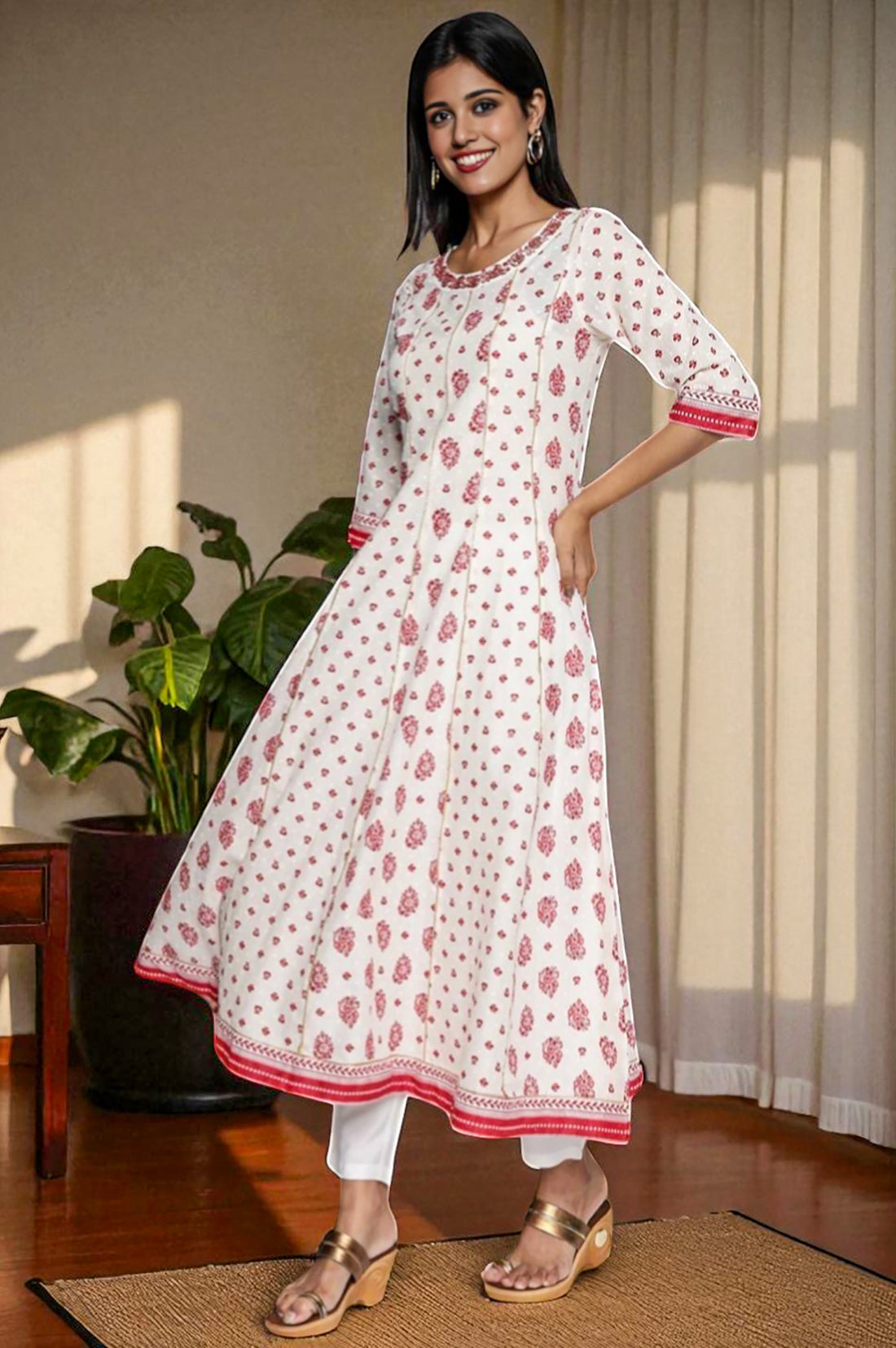 White Abstract Printed Lace Cotton Lurex Anarkali Kurta