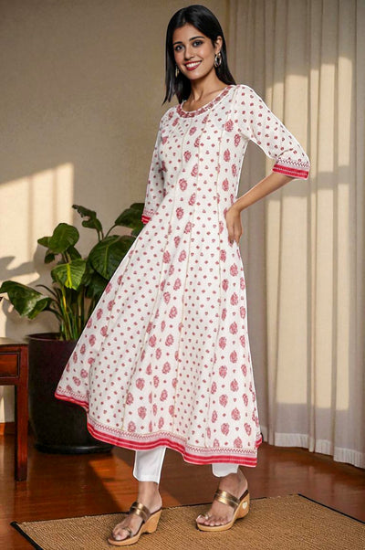 White Abstract Printed Lace Cotton Lurex Anarkali Kurta