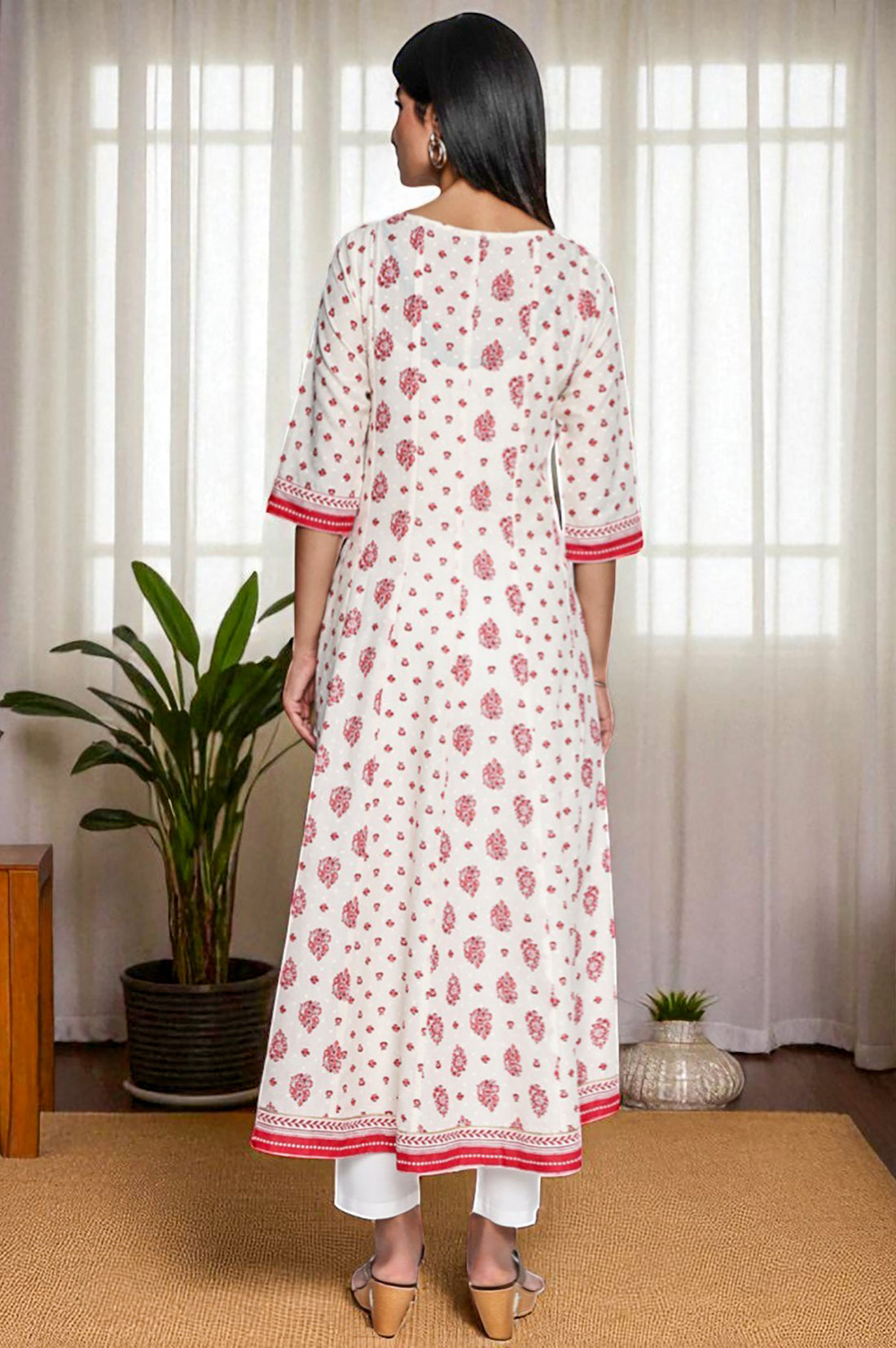White Abstract Printed Lace Cotton Lurex Anarkali Kurta