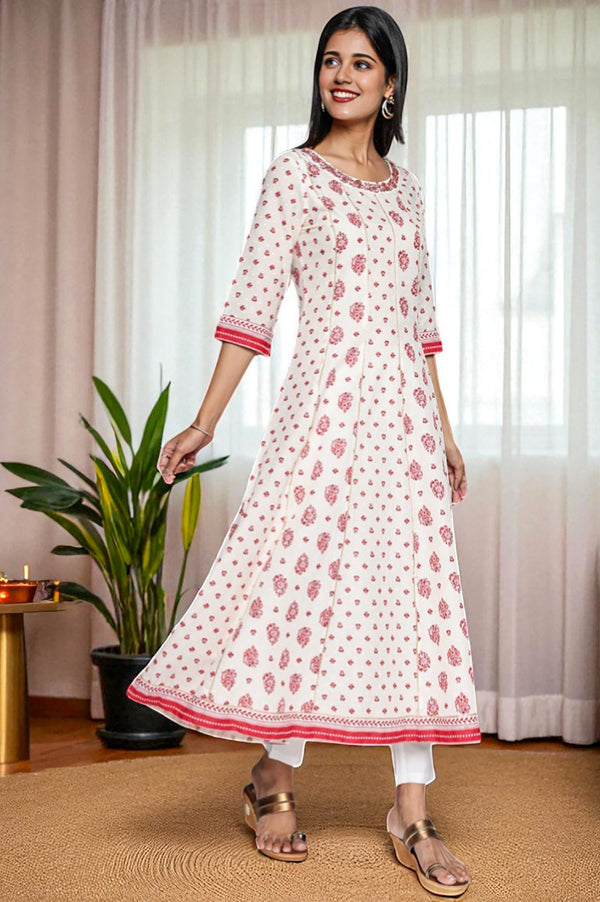 White Abstract Printed Lace Cotton Lurex Anarkali Kurta