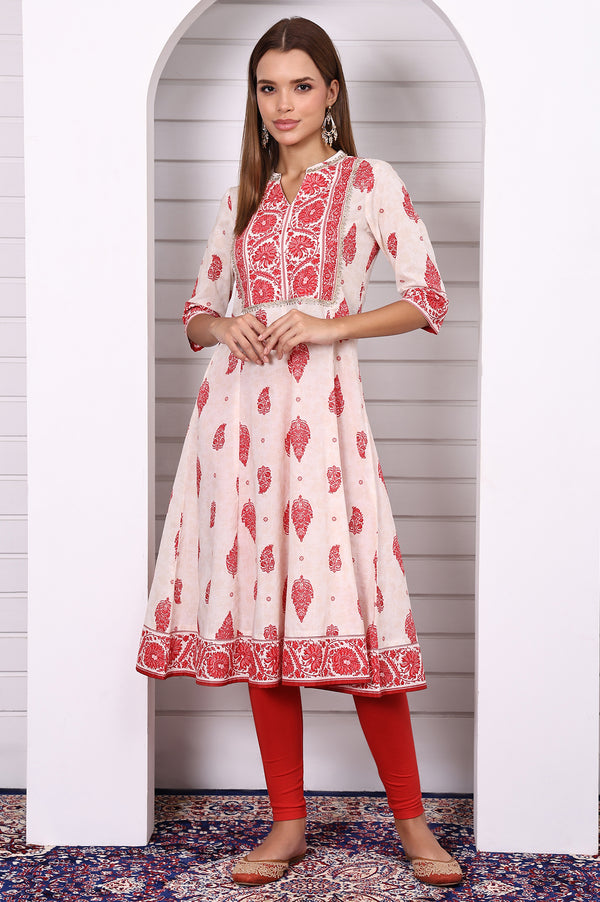 White Abstract Printed Pure Cotton Anarkali Festive Kurta with Lace