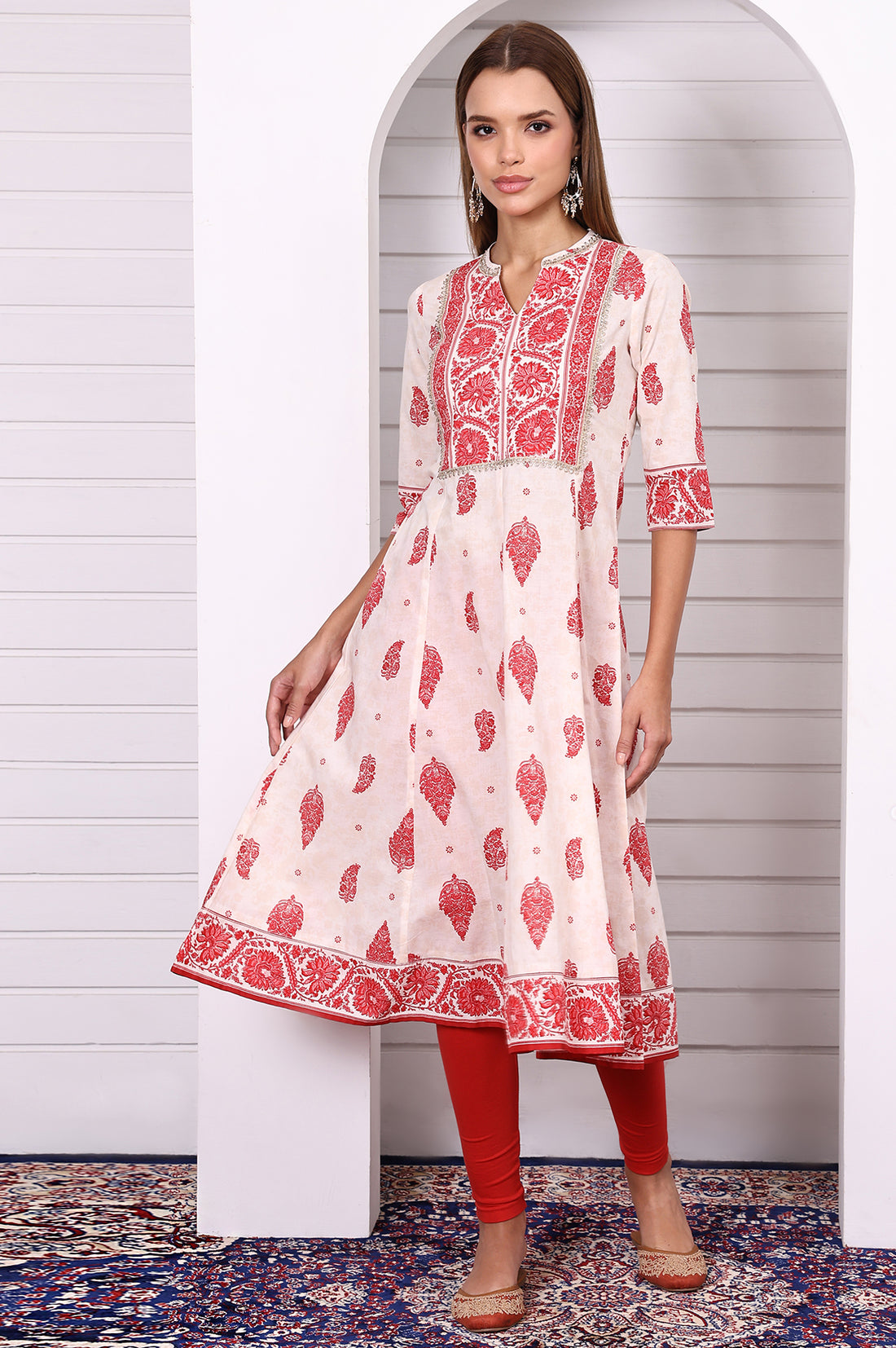 White Abstract Printed Pure Cotton Anarkali Festive Kurta with Lace