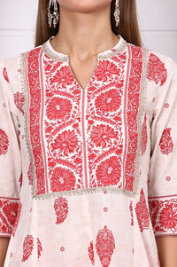 White Abstract Printed Pure Cotton Anarkali Festive Kurta with Lace